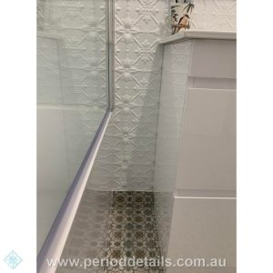 Bathroom clad in Pressed Tin Panels Original Pattern powdercoated in Pearl White